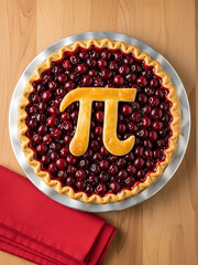 Delicious cherry pie with pi symbol on top on metal plate