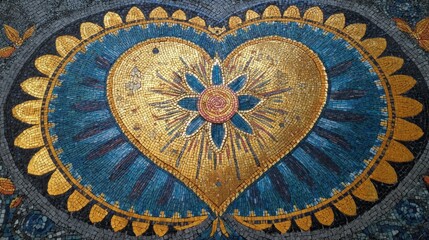 Obraz premium Vibrant Heart Mosaic with Golden and Blue Tiles in Intricate Design Inspired by Artistic Floor Decor