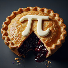 Delicious blueberry pie with pi symbol on top sliced open