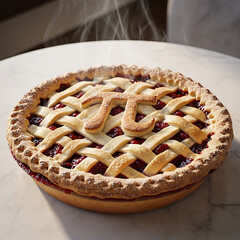 Delicious homemade berry pie with lattice crust on white table