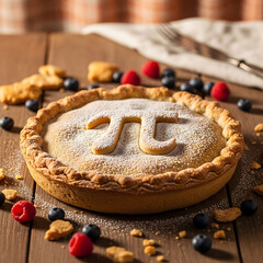 Delicious homemade pie with pi symbol on top and fresh berries