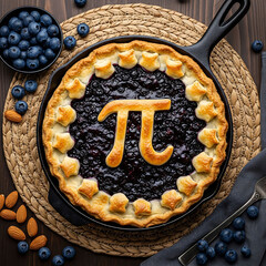 Delicious homemade blueberry pie with pi symbol on top in baking pan
