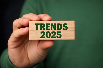2025 trends concept. Person holding wooden block with trends 2025 text for setup objective target business cost and budget planning for new year.