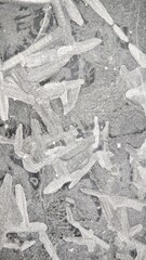 Obraz premium Close-up of frost patterns on a dark surface. Intricate ice crystals form a delicate, natural design. The scene captures the beauty of winter's chill.