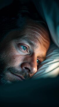 Stressed man suffering from insomnia lying in bed looking at mobile phone at night