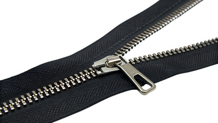 Black zipper open cut out on PNG, isolated transparent background, clothing fastener detail, AI generated.
