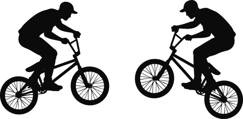 Obraz premium Silhouette BMX riders performing mid-air stunt jump, extreme sport action, freestyle bicycle trick, youth urban competition, dynamic motion illustration