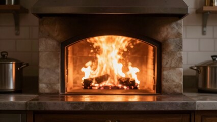 Naklejka premium Stone Pizza Oven With Blazing Fire, Marble Countertop And Stainless Pots, Warm Glow Filling Rustic Kitchen, Empty Hearth Waiting For Pizza Chef, Handcrafted Crusts Soon To Bake