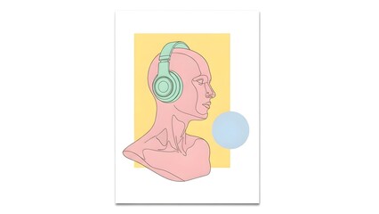 Obraz premium Minimalist illustration of a human head in profile wearing headphones, with a pastel yellow square and blue circle in the background