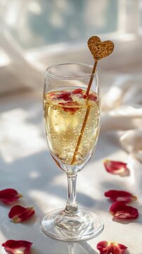 Sparkling beverage in a glass garnished with a heart-shaped stirrer and rose petals on a soft surface, showcasing the delightful presentation and inviting atmosphere of a romantic setting