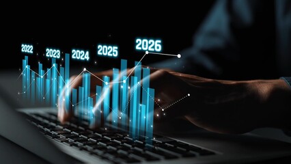 Business bar chart and line graph showing yearly business growth from 2022 to new year 2026, represent data analytics, future 2026 planning, business 2026 trend, and performance analysis 2026 Marrow