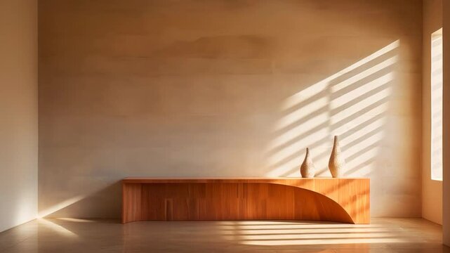 Sunlight casting shadows from a window moves across a minimalist room with a wooden console table