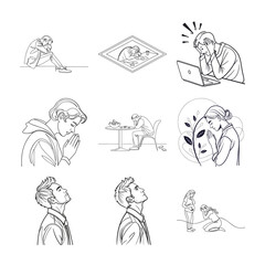 Reflecting on Distress: A monochrome array of line drawings depicting individuals grappling with distress, the images evoke emotions of sadness, anxiety, and contemplation.