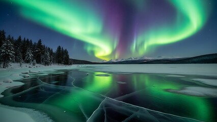 Vibrant Aurora Borealis Reflecting on Cracked Frozen Lake with Snowy Pines and Distant Mountains.