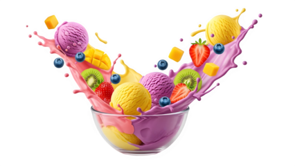 Colorful ice cream scoop explosion isolated on transparent background