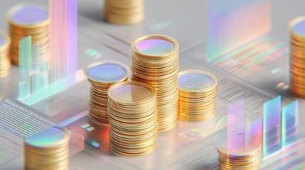 Digital finance strategy, stacked coins and holographic charts, modern corporate style, neutral colors, 3D illustration. 