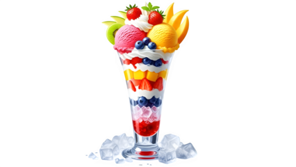 Colorful fruit sundae with ice cream and toppings isolated on transparent background