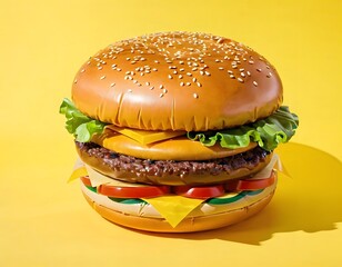 Surreal silliness:  Inflatable Plastic Hamburger on Yellow Background