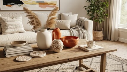 Modern living room interior with cozy sofa, rustic wooden coffee table, and elegant bohemian decor elements