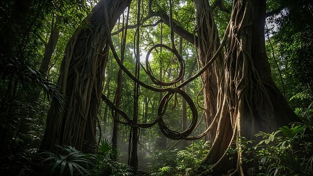Enchanting Jungle Vista: Sunlit Mist and Intertwined Looping Lianas in a Vibrant Rainforest.