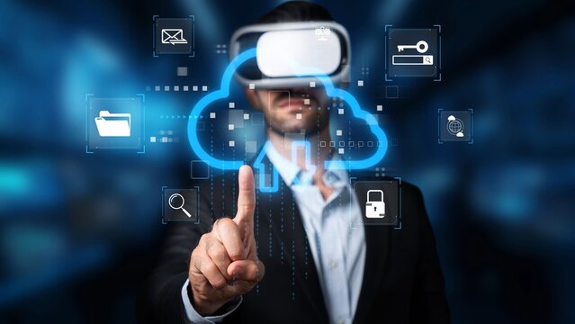 A business professional engages with a virtual reality headset, exploring cloud technologies and data visualization in a modern and futuristic digital landscape. Raster - Powered by Adobe