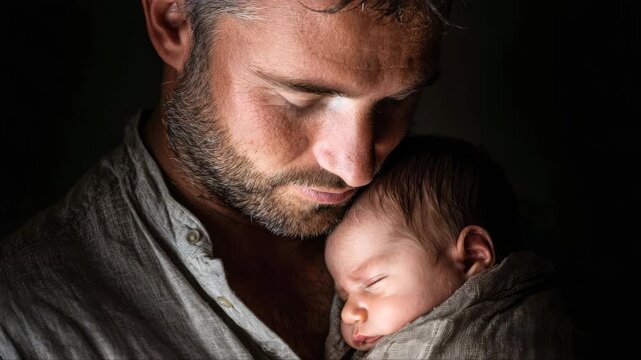 Father gently cradles sleeping infant in his arms, showcasing a tender moment of connection, with soft lighting highlighting their features and expressions