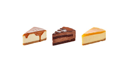 Three assorted cake slices isolated on transparent background. PNG