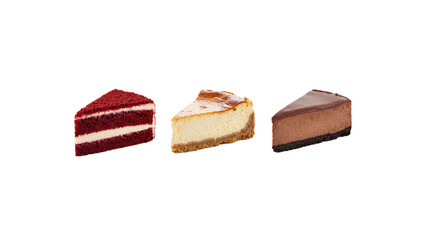Three assorted cake slices isolated on transparent background. PNG