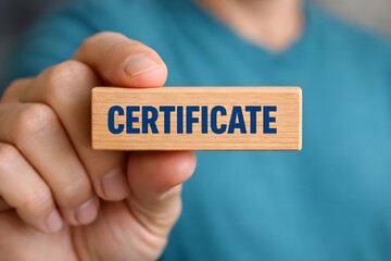 ISO standards certification and quality control, Businessman holding wooden block with certificate text for quality assurance or guarantee product. International Organization for Standardization