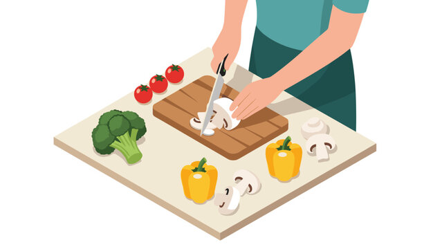 Isometric chef preparing fresh vegetables on cutting board in modern kitchen setting