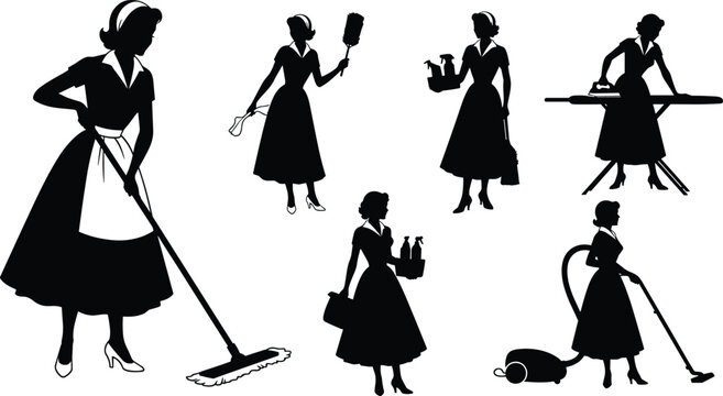 Set of black vector silhouettes of vintage housewife in retro dress and apron performing cleaning chores like mopping, ironing and vacuuming.