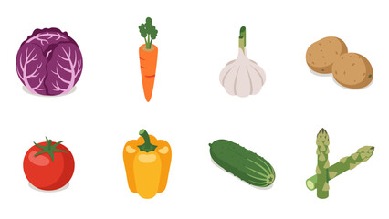 Colorful isometric vegetables set: fresh produce collection featuring tomato and carrot