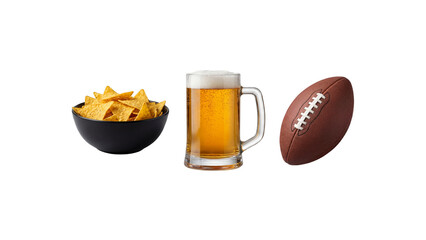American football game snack set with beer chips and ball isolated on transparent background. PNG