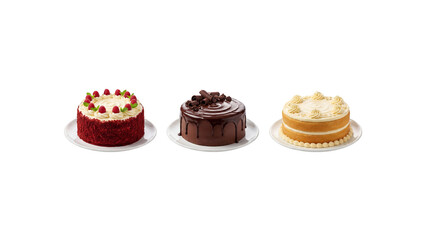 Assorted whole cakes set including red velvet, chocolate and vanilla cake isolated on transparent background. PNG