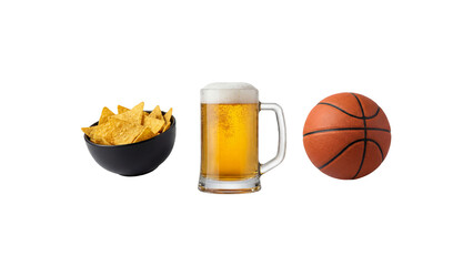 Basketball game snacks set with ball, beer and chips isolated on transparent background. PNG