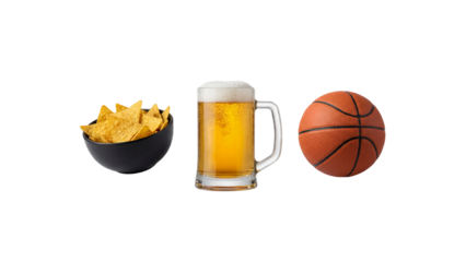 Basketball game snacks set with ball, beer and chips isolated on transparent background. PNG