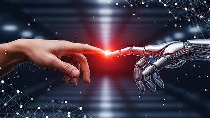 Future Technology Concept with Human Hand and Robotic Hand Fingers Touching with Glowing Light Connection