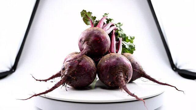 Group of fresh organic beetroots with green leaves rotating on white background