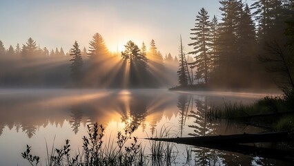 Majestic Golden Sun Rays Pierce Misty Forest Perfectly Reflected in a Tranquil Lake at Dawn.