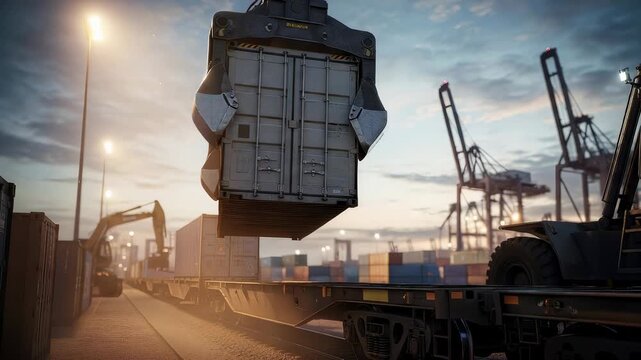 Crane moving cargo container from a flatcar at a freight yard. Global shipping, transport, logistics, and supply chain concept.