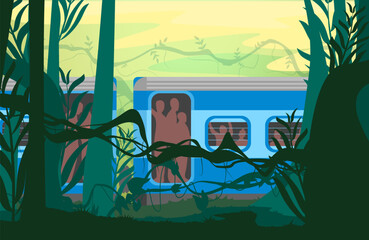 Cartoon Color Indian Train on a Landscape Scene Concept Hand Drawn Flat Design Style. Vector illustration