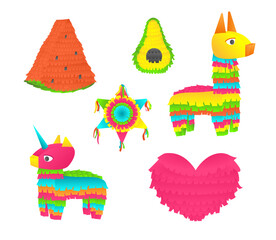 Cartoon Color Pinatas Concept Different Mexican Party Toys Set Flat Design Style. Vector illustration of Pony Figure