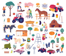 Cartoon Color Characters Farmers with Tools and Animals Agriculture Concept Flat Design Style. Vector illustration