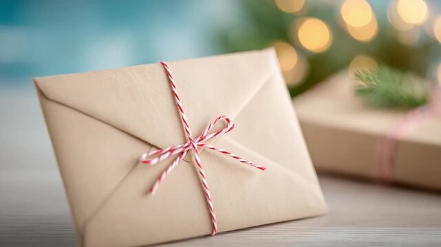 Gift of Festivity: Wrapped in rustic paper and adorned with festive twine, a gift sits in the gentle glow of holiday lights, embodying the joy and anticipation of giving.