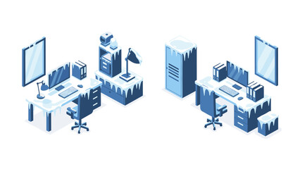 Cold office concept: isometric workspace covered in frost