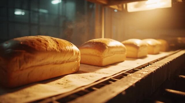 Golden Loaves of Bread Moving on Industrial Conveyor Belt in Bakery Production Line Warm Golden