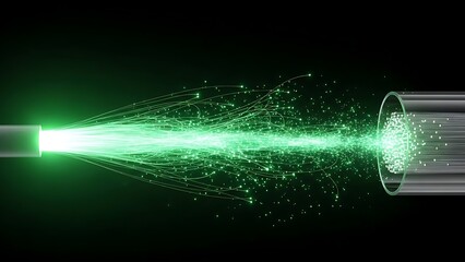 Green High Speed Fiber Optic Light Beams Transmitting Data Through a Glass Tube in a Dark Digital Environment