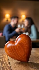 A wooden heart on a table with a couple toasting in the background at a cozy restaurant setting