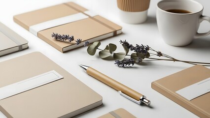 Stationery items including notebooks and pens arranged on a table with a cup of coffee from a top view.