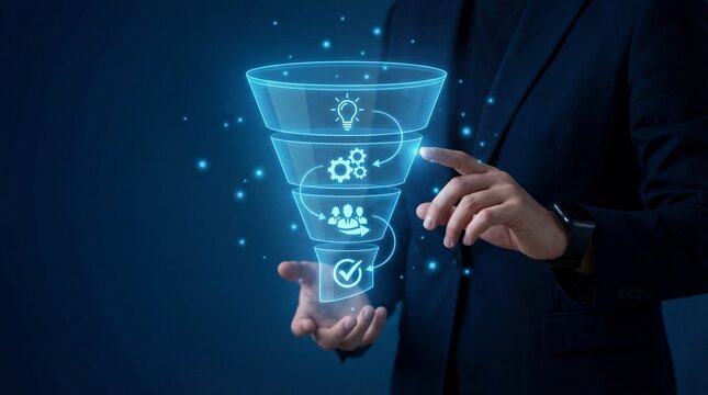 Businessman presenting innovative sales funnel strategy in modern office
